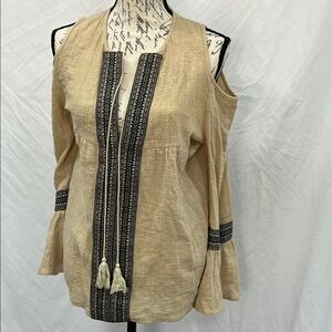 Boho bell sleeve plunge v neck bare shoulder gauze flowing blouse natural sm